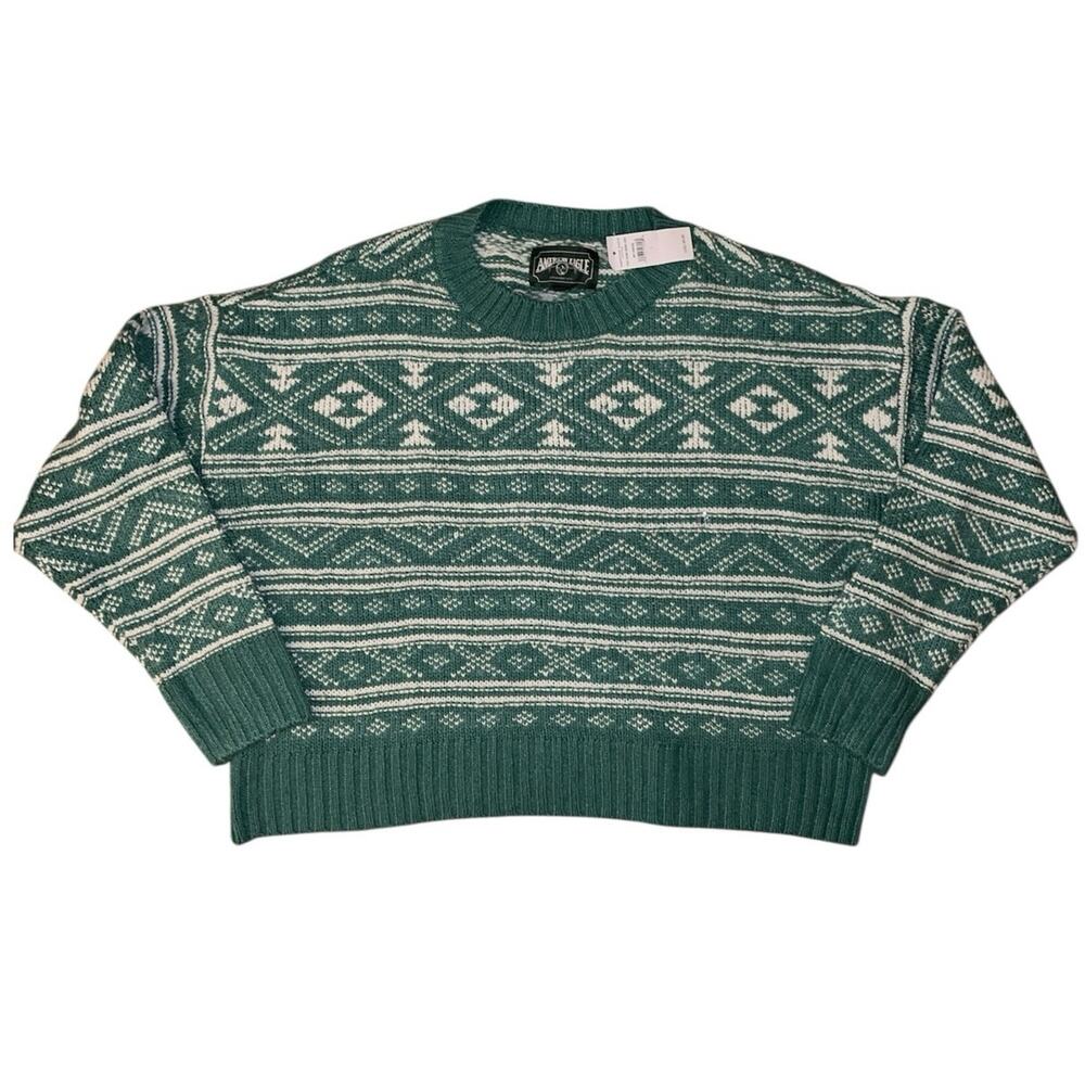 NWT AE Fair Isle Lg Green & White Christmas Holiday Oversized Sweater - Picture 2 of 6